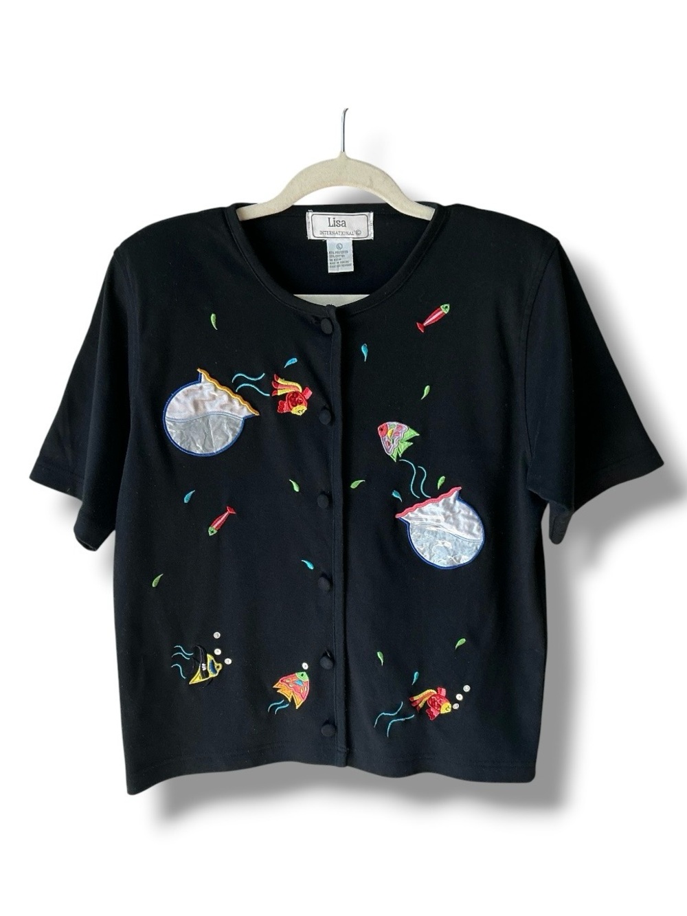 Lisa International Vintage Embroidered Tropical Fish Black Top Size L